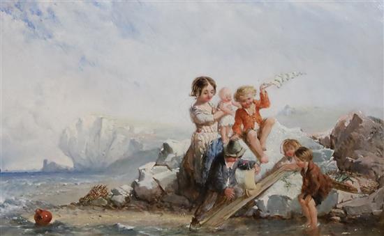English School c.1900 Children playing on the seashore 9.75 x 15.5in.